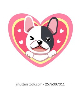 Vector cartoon valentine cute french bulldog with big heart for design.