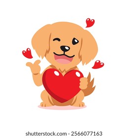 Vector cartoon valentine cute golden retriever dog holding a big red heart for design.