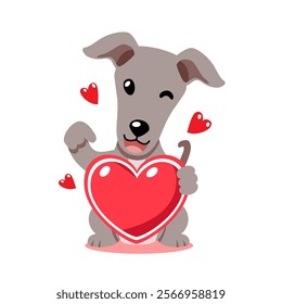 Vector cartoon valentine cute greyhound dog holding a big red heart for design.