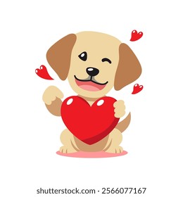 Vector cartoon valentine cute labrador retriever dog holding a big red heart for design.