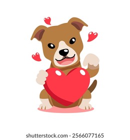 Vector cartoon valentine cute pit bull terrier dog holding a big red heart for design.