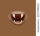 Vector Cartoon vampire mouth with fangs isolated on brown background. Funny and cute Monster mouth with teeth and tongue