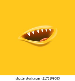 Vector Cartoon vampire mouth with fangs isolated on orange background. Funny and cute Monster mouth with teeth and tongue