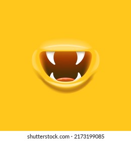 Vector Cartoon boca de vampiro con colmillos aislados en el fondo naranja. Divertida y linda boca de Monster con dientes y lengua