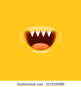 Vector Cartoon vampire mouth with fangs isolated on orange background. Funny and cute Monster mouth with teeth and tongue