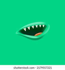 Vector Cartoon vampire mouth with fangs isolated on green background. Funny and cute green Halloween Monster mouth with teeth and tongue