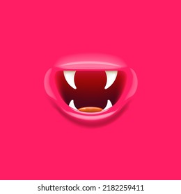 Vector Cartoon vampire mouth with fangs isolated on pink background. Funny and cute pink Halloween Monster mouth with teeth and tongue