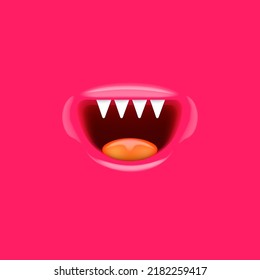 Vector Cartoon vampire mouth with fangs isolated on pink background. Funny and cute pink Halloween Monster mouth with teeth and tongue