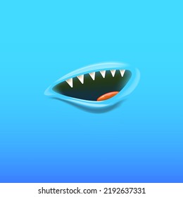Vector Cartoon vampire mouth with fangs isolated on blue background. Funny and cute blue Monster mouth with teeth and tongue