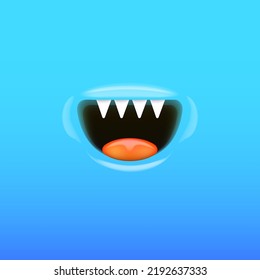 Vector Cartoon vampire mouth with fangs isolated on blue background. Funny and cute blue Monster mouth with teeth and tongue