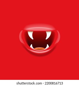 Vector Cartoon vampire mouth with fangs isolated on red background. Funny and cute red Monster mouth with teeth, lips and tongue. Monster smiling face