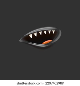 Vector Cartoon vampire mouth with fangs isolated on grey background. Funny and cute grey Halloween Monster mouth with teeth and tongue