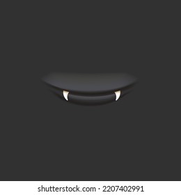 Vector Cartoon vampire mouth with fangs isolated on grey background. Funny and cute grey Halloween Monster mouth with teeth and tongue