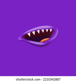 Vector Cartoon vampire mouth with fangs isolated on violet background. Funny and cute violet Halloween Monster mouth with teeth and tongue