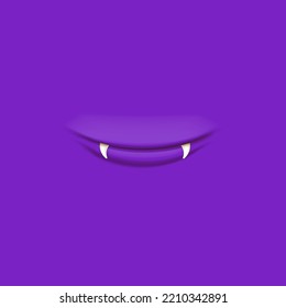 Vector Cartoon vampire mouth with fangs isolated on violet background. Funny and cute violet Halloween Monster mouth with teeth and tongue