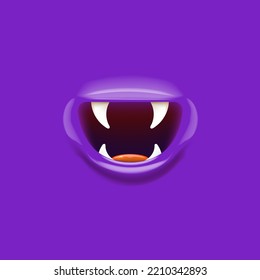 Vector Cartoon boca de vampiro con colmillos aislados en fondo violeta. Divertida y linda boca de Monstruo Violeta de Halloween con dientes y lengua