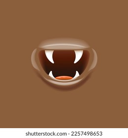 Vector Cartoon vampire mouth with fangs isolated on brown background. Funny and cute Monster mouth with teeth and tongue