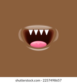 Vector Cartoon vampire mouth with fangs isolated on brown background. Funny and cute Monster mouth with teeth and tongue