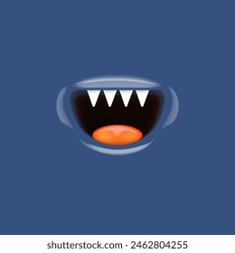 Vector Cartoon vampire mouth with fangs isolated on navy blue background. Funny and cute deep blue Halloween Monster mouth with teeth and tongue. 3d vector Monster mouse