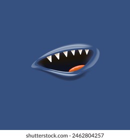 Vector Cartoon vampire mouth with fangs isolated on navy blue background. Funny and cute deep blue Halloween Monster mouth with teeth and tongue. 3d vector Monster mouse