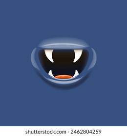 Vector Cartoon vampire mouth with fangs isolated on navy blue background. Funny and cute deep blue Halloween Monster mouth with teeth and tongue. 3d vector Monster mouse