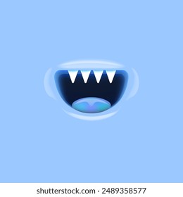 Vector Cartoon vampire mouth with fangs isolated on neon blue background. Funny and cute blue Halloween funny card, banner, print and poster with Monster mouth with teeth and tongue