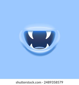 Vector Cartoon vampire mouth with fangs isolated on neon blue background. Funny and cute blue Halloween funny card, banner, print and poster with Monster mouth with teeth and tongue