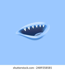 Vector Cartoon vampire mouth with fangs isolated on neon blue background. Funny and cute blue Halloween funny card, banner, print and poster with Monster mouth with teeth and tongue