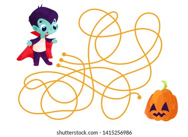 Vector cartoon vampire and pumpkin in children's style. Vector illustrations for children books. Labyrinth. Educational game for children. 