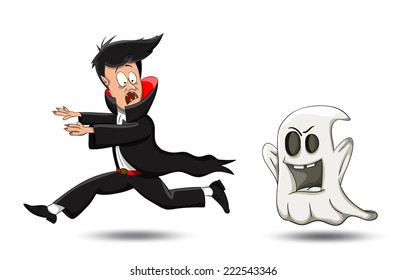 Vector cartoon vampire running away from ghost isolated on white
