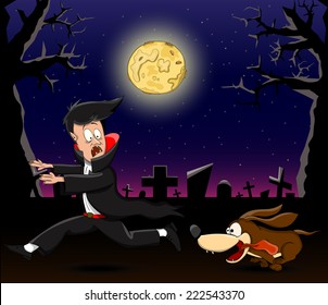 Vector cartoon vampire, running away from a crazy dog in cemetery