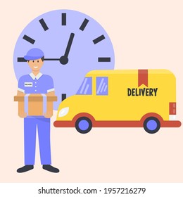 Camión de dibujos animados con un repartidor. Concepto de servicio de entrega en línea, seguimiento de pedidos en línea, domicilio de entrega y oficina. Firma del servicio de envío de entrega rápida.

