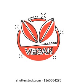 Vector cartoon vegan label badge icon in comic style. Vegetarian stamp concept illustration pictogram. Eco natural food business splash effect concept.