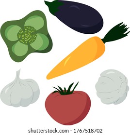 vector cartoon vegetables. eggplant, pepper, tomato, garlic and carrot for packaging design, menu. isolated on a white background.