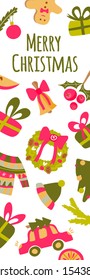 Vector cartoon vertical Christmas and New Year design with a Christmas wreath, gifts, bell, Christmas tree, sweater, holly branch, gingerbread man. Vector illustration for banner, card, cover,