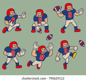 Vector cartoon vintage character collection of American football player