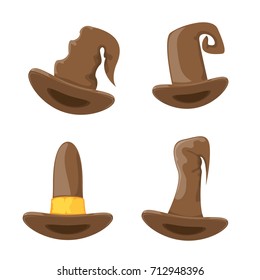 vector cartoon vintage tall witch hat with belt set isolated on white background. halloween brown hat icon collection. halloween design elements