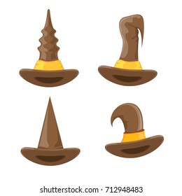 vector cartoon vintage tall witch hat with belt set isolated on white background. halloween brown hat icon collection. halloween design elements