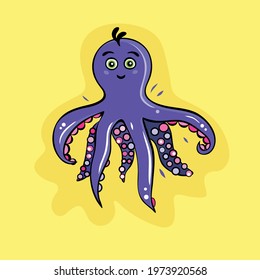 Vector cartoon violet octopus on the yellow background. Baby, children print, illustration. Smile. 