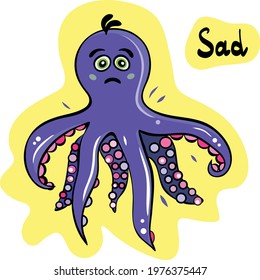 Vector cartoon violet octopus on the yellow background. Baby, children print, illustration. Sad feeling.