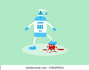 
Vector cartoon virus coronal being stepped on a alcohol bottle On a green background