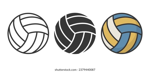 Vector Cartoon Volleyball Set Closeup Isolated. Black and White and Color Volleyball Sports Ball, Design Templates for Logo, Volleyball Sports Equipment