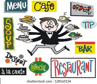 Vector cartoon of waiter running with meals.