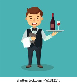 Vector cartoon waiter.Flat design. Illustration of a waiter carrying a tray with wine and a wine glass.
