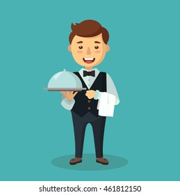 Vector cartoon waiter.Flat design. Illustration of a waiter carrying a tray 