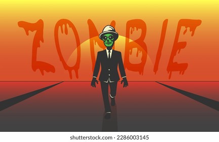 Vector cartoon walking dead zombie gentleman in suit, hat and green face on sunset background.