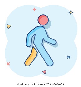 Vector Cartoon Walking Man Icon In Comic Style. People Walk Sign Illustration Pictogram. Pedestrian Business Splash Effect Concept.