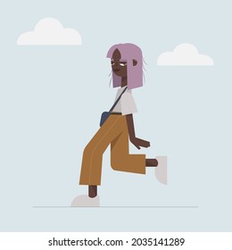 Vector cartoon walking teenage girl, flat style illustration with clouds in light blue background.