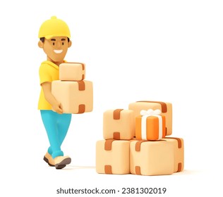 Vector Cartoon Warehouse Worker or Courier Carrying Cardboard Boxes. Illustration for Shopping Delivery, Mail Service, or Warehousing