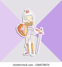 Vector cartoon warrior girl illustration with sword and shield, in crown and armour. Cute princess in crown and warrior dress with armor, sticker illustration. Cute princess sticker
